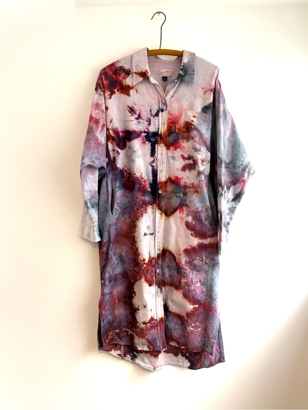 Ice-dyed cotton shirt dress in reds/purples, size L
